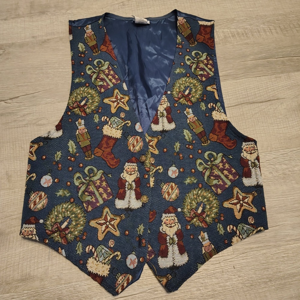 Backroad Blues Vintage Christmas Tapestry Vest Santa Nutcracker Navy Large USA